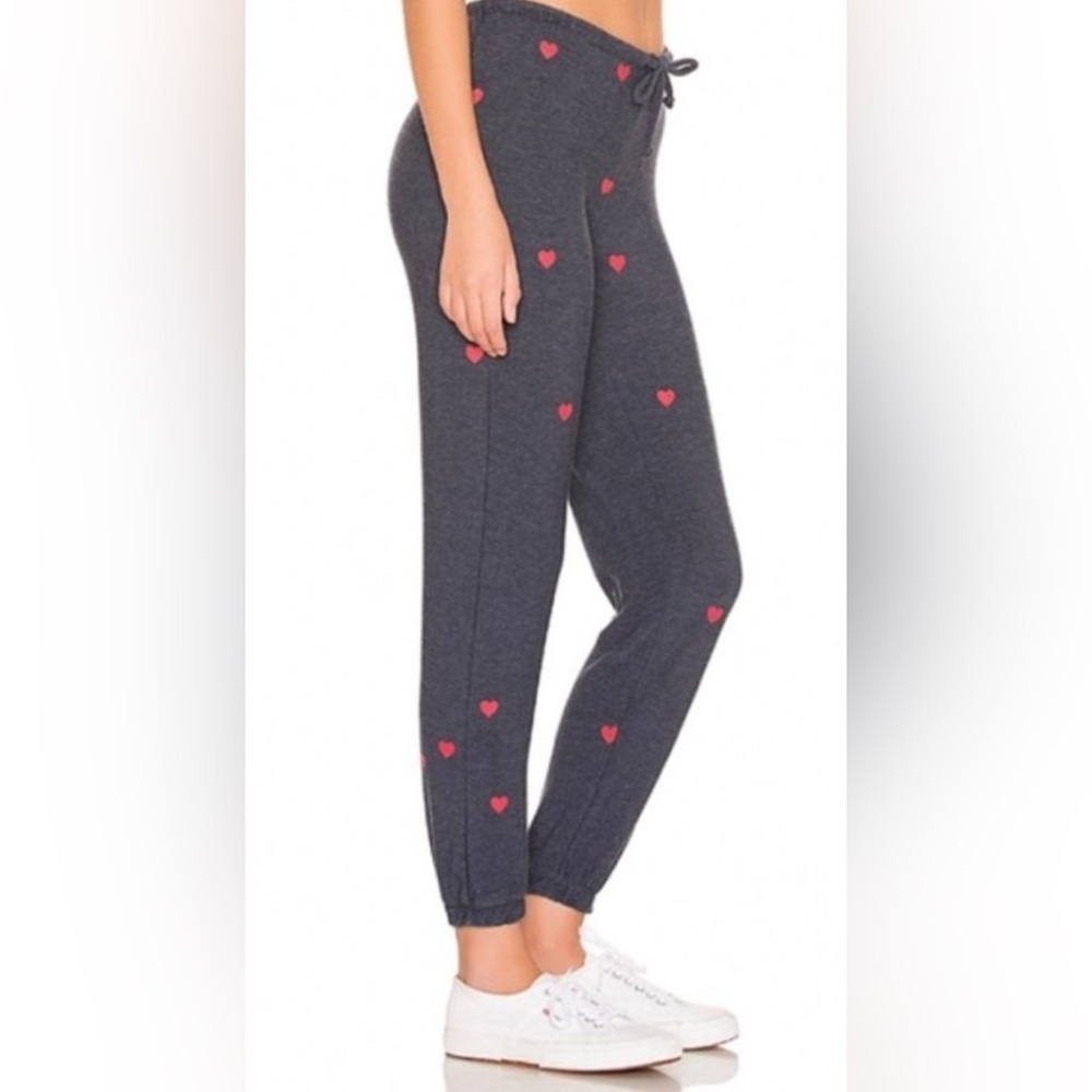 Chaser Tiny Hearts Sweatpants Avalon Navy Blue Red Hearts Anthropologie Medium M - Picture 3 of 8